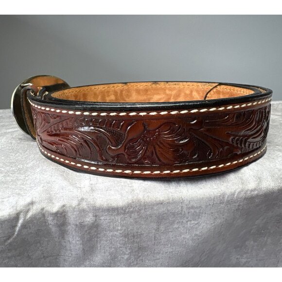 Size 28 Tony Lama Western Tooled Leather Belt w/ Silver & Gold Horse Buckle - Picture 3 of 12